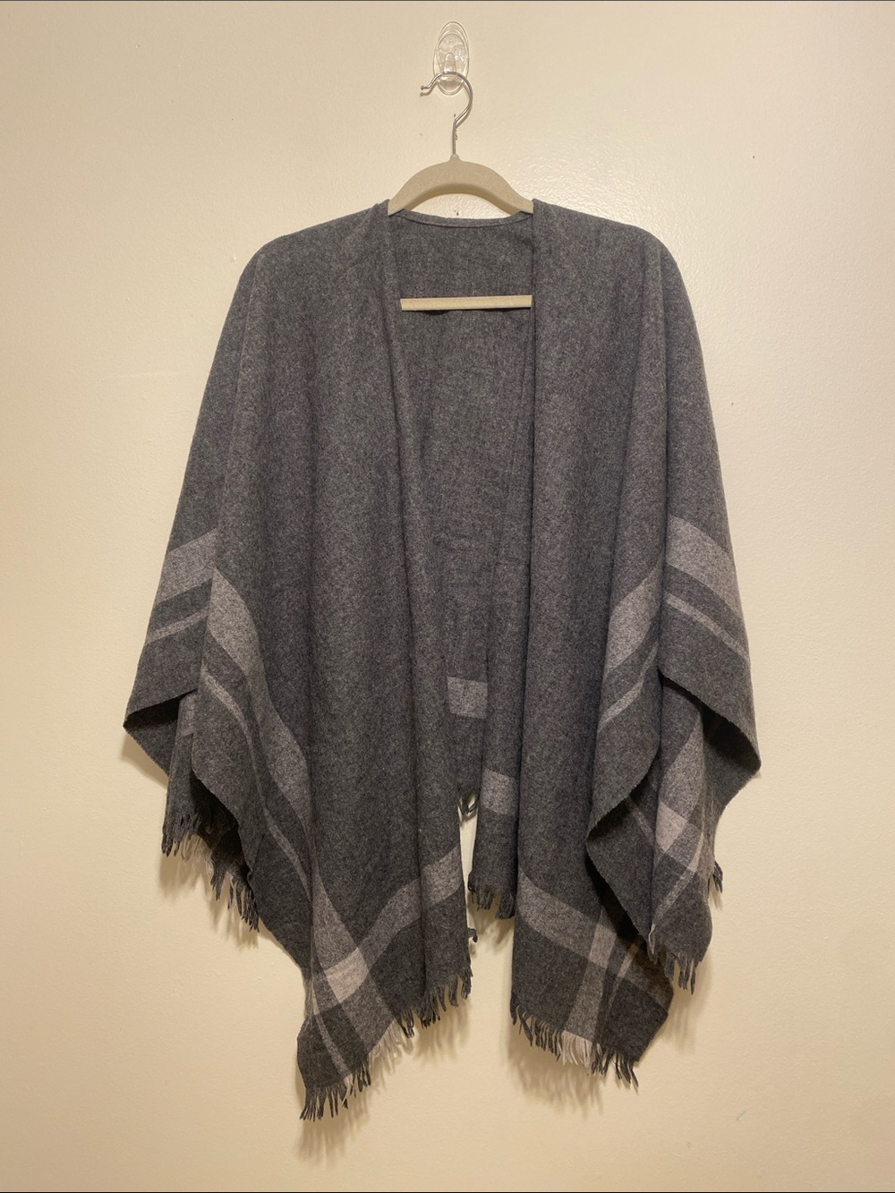Muji wool blend Gray Plaid Fringe Wrap Cape